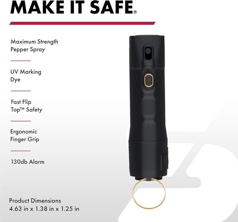 sabre رذاذ فلفل 2 في 1 مع إنذار شخصي 130 ديسيبل، تنبيه والدفاع بضغطة واحدة، أمان سريع بغطاء قابل للفتح مع قبضة إصبع وحلقة مفاتيح قابلة للتخزين، قوة قصوى، صبغة علامة الأشعة فوق البنفسجية - Image 1